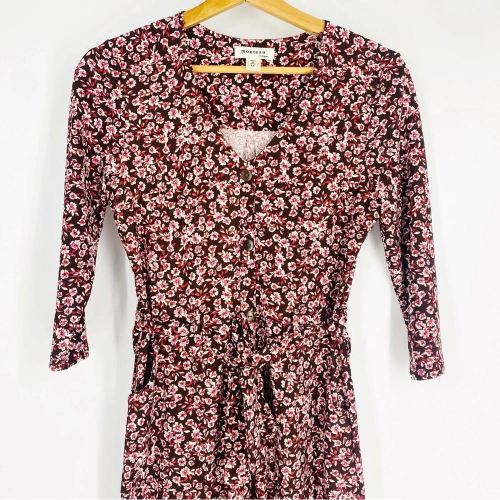 Monteau Brown Pink Floral Belted Pocket V-Neck Mid Dress M - Picture 2 of 7